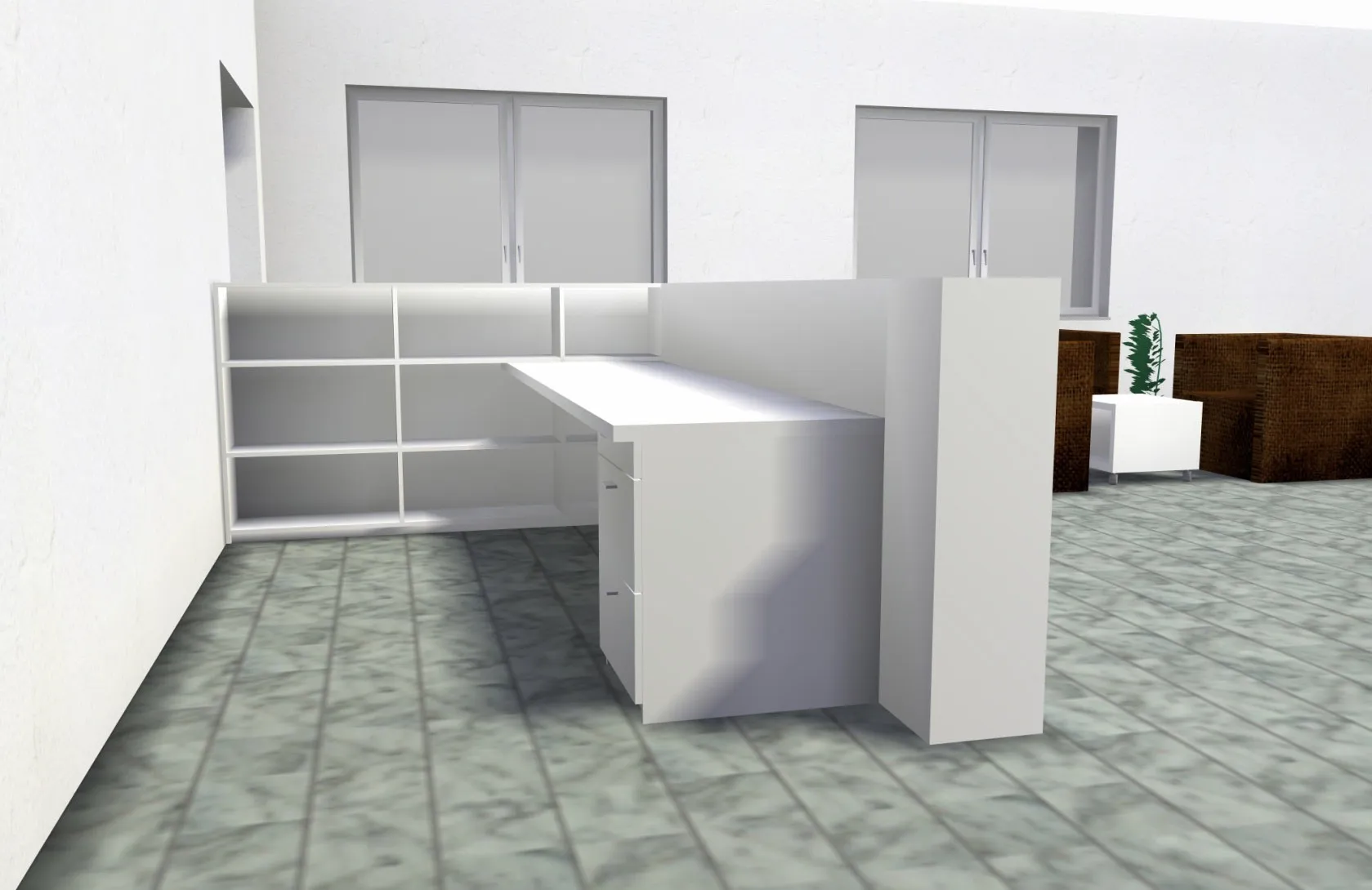 Moderner Empfangstresen mit Regalen und Schreibtisch in einem hellen Büro mit Fenster.