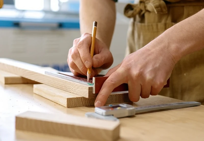 Ein Schreiner misst präzise Holz mit Lineal und Bleistift in einer Werkstatt ab.
