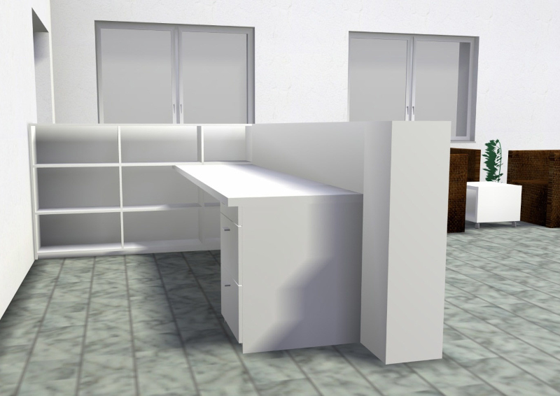 Moderner, weißer Empfangstresen mit Regalen und Schubladen in einem hellen Büro.